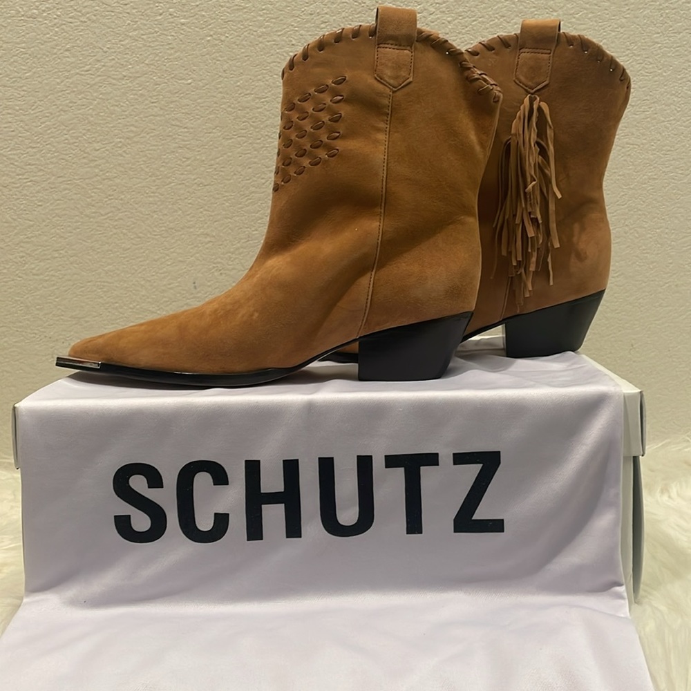 Schutz  Alexxa  Western Fringe Suede Cowboy Boots Brown Size 7.5 NWT - Picture 13 of 15